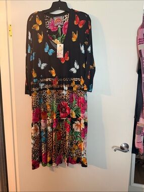 Johnny Was Black Floral & Butterfly Midi Dress with Leopard Accents